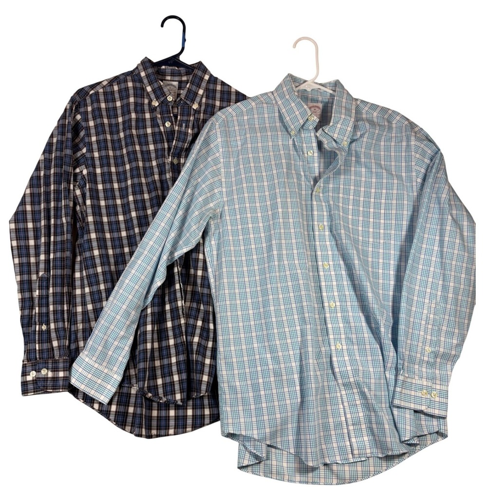 Lot of 2‎ Brooks Brothers 346 Mens Plaid Button Down Shirts Blue Slim Fit Sz M